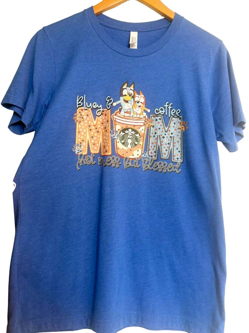 Bella+Canvas Bluey & Coffee Mom Hot Mess But Blessed Graphic T-Shirt Size M